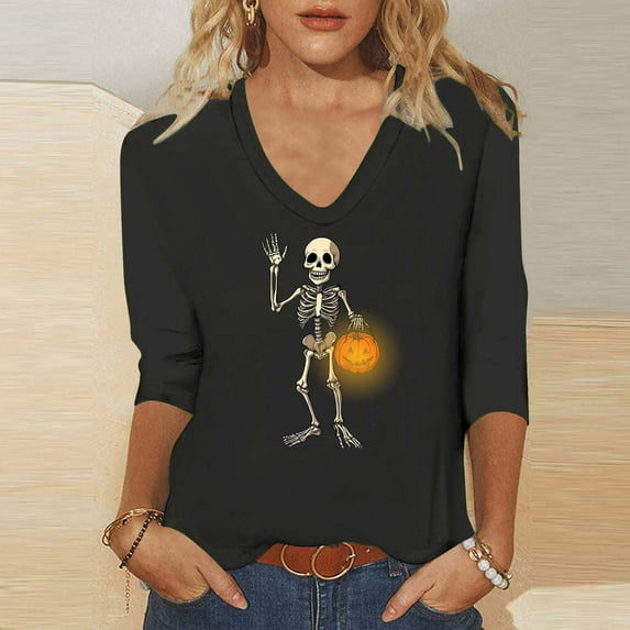 Neewe Womens 3/4 Length Sleeve Tunic Tops Casual V Neck Shirts Basic Tees Business Work Blouses Halloween Fall 2025 Clothes