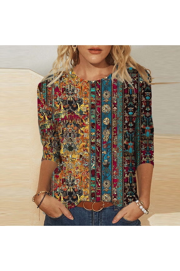 Womens 3/4 Long Sleeve Tops Casual Shirts for Women Summer Flower Printed T Shirt Crewneck Tee