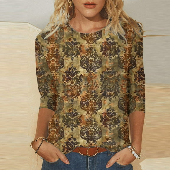 Neewe Womens 3/4 Long Sleeve Tops Casual Shirts for Women Summer Flower Printed T Shirt Crewneck Tee