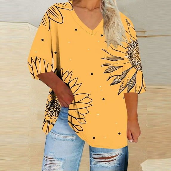 Neewe Womens 3/4 Sleeve Shirts V-Neck Tops Business Casual Blouses Tee Trendy 2025 Fall Fashion Outfits Clothes