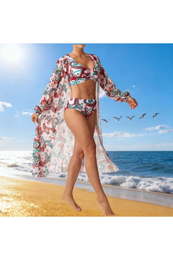 Womens 3 Pieces Bikini Set Swimsuit Tropical Beach Cover up Kimono Swimwear Bathing Suit with Boy Shorts