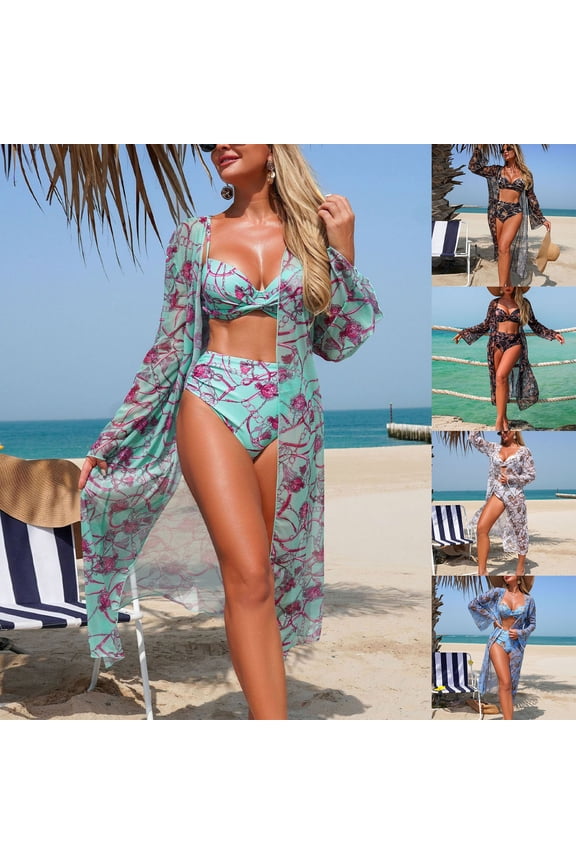 Womens 3 Pieces Bikini Set Swimsuit Tropical Beach Cover up Kimono Swimwear Bathing Suit with Boy Shorts