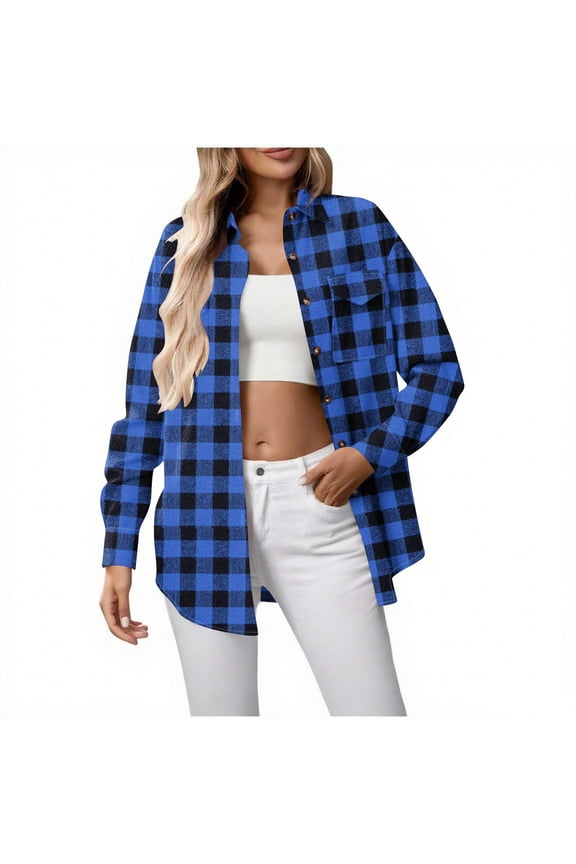 Womens Button Down Flannel Shirts Long Sleeve Plaid Shackets Business Casual Blouse Top