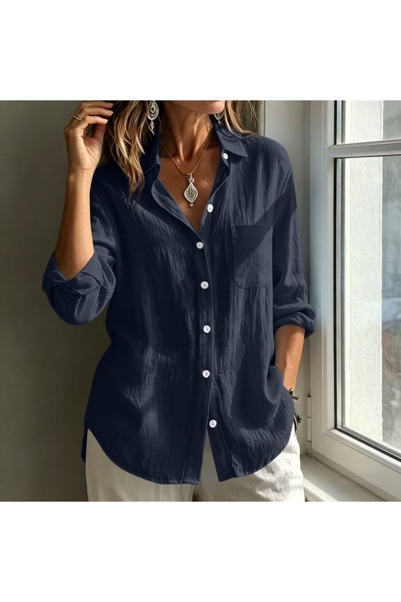 Womens Button Down Shirt Linen Button Up Shirts for Women Long Sleeve Summer Shirt Collared Blouse Linen Tops