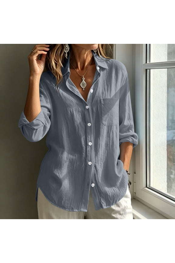 Womens Button Down Shirt Linen Button Up Shirts for Women Long Sleeve Summer Shirt Collared Blouse Linen Tops
