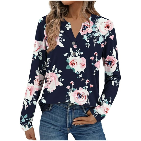 Neewe Womens Button Down Shirt Long Sleeve Blouse Business Work Tops Dressy Casual Floral Printed Outfits V Neck