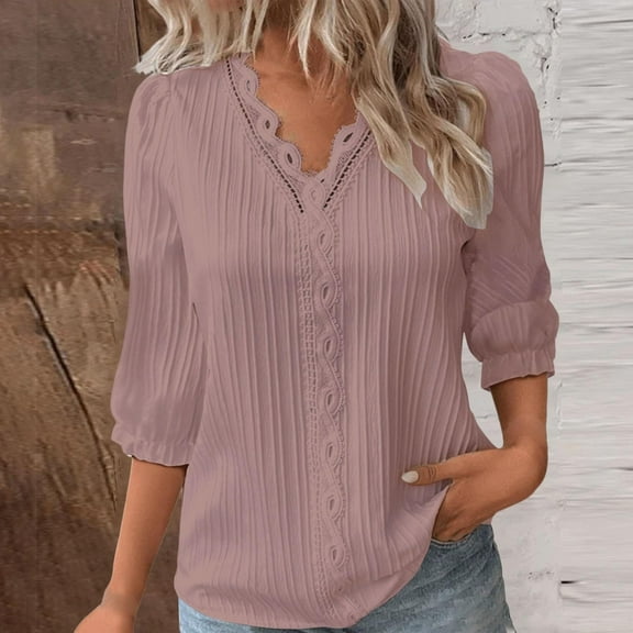 Neewe Womens Button Down Shirts 3/4 Sleeve Dress Blouses Business Casual Collared Tops