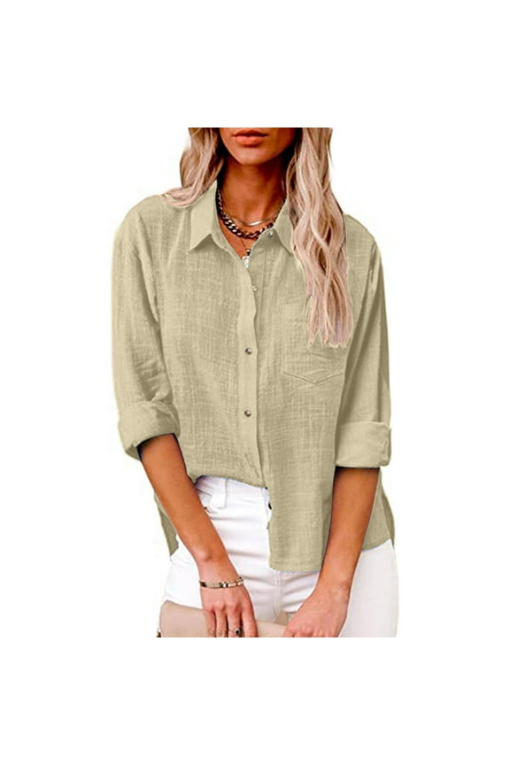 Womens Button Down Shirts Long Sleeve Gauze Tops Casual Collared Blouses Loose Fit