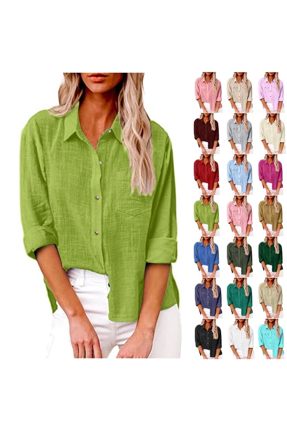 Womens Button Down Shirts Long Sleeve Gauze Tops Casual Collared Blouses Loose Fit