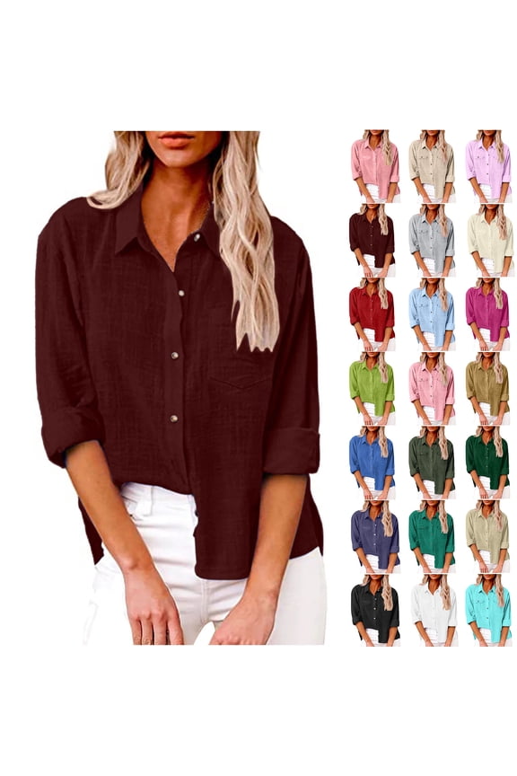 Womens Button Down Shirts Long Sleeve Gauze Tops Casual Collared Blouses Loose Fit