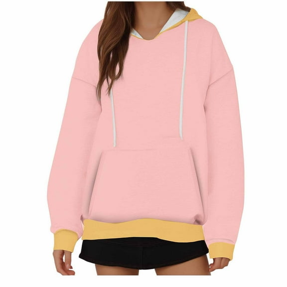 Neewe Womens Casual Hoodies Crew Neck Color Block Long Sleeve Sweatshirts with Pocket Lightweight Pullover Tops