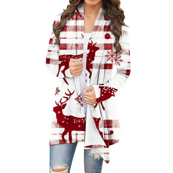 Neewe Womens Casual Lightweight Long Sleeve Open Front Cardigan Sweaters Christmas-print Cardigan Top