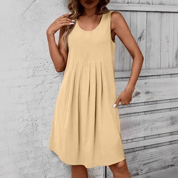 Neewe Womens Casual Summer Linen Midi Dresses Tie Back Plain Crew Neck Sleeveless Dress Ruffle Hem Flowy Daily Sundresses