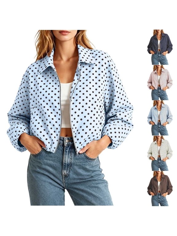 Womens Classic Polk Dot Jacket Casual Full Zip Varsity Jackets Shackets Outwear with Fall