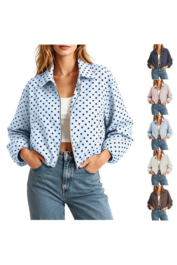 Womens Classic Polk Dot Jacket Casual Full Zip Varsity Jackets Shackets Outwear with Fall