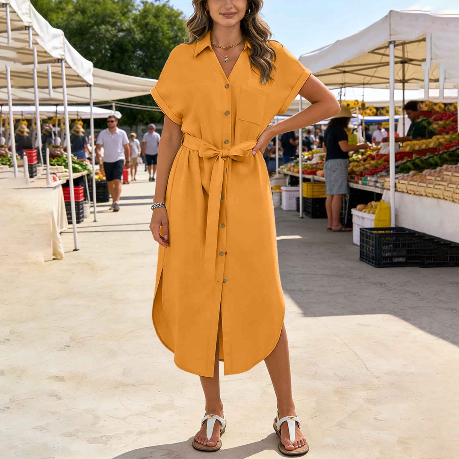 womens cotton pockets button down dresses Neewe Womens Cotton Dress Summer Casual Midi Short Sleeve Button Down Shirt  Dresses Loose Beach Cover Up with Pockets