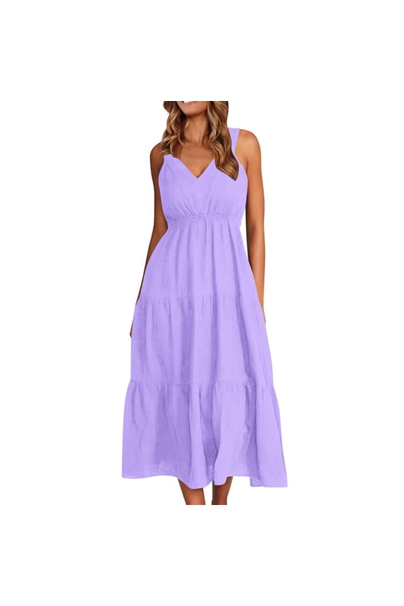 Womens Cotton Linen Summer Maxi Dresses Sleeveless Pleated Elegant Ankle Length Dress Plain V Neck Loose Casual Daily Dresses with Pocket
