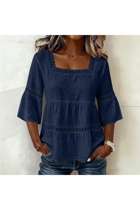 Womens Cotton Linen T-Shirts - Short Sleeve Spring Summer Tops Lace Neck Trendy Casual Ruff Hem Tees for Ladies 2026