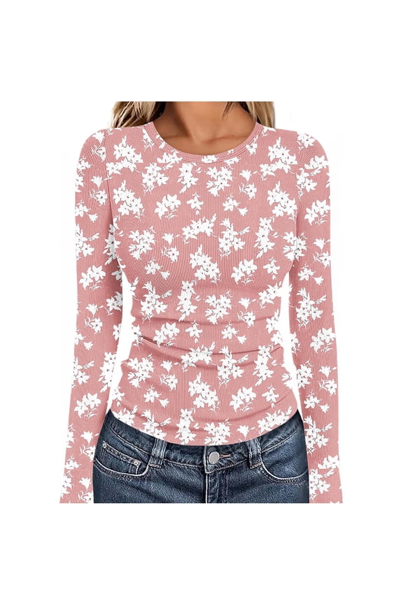Womens Fashion Printing Crew Neck Long Sleeve Slim Fit Compression Underscrubs Tops Daily Outfits