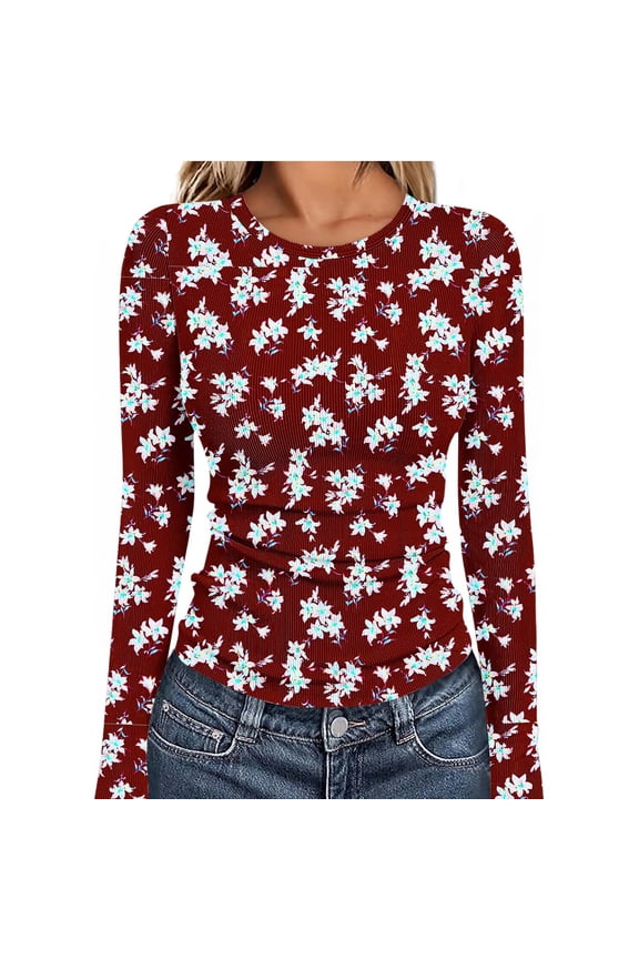Womens Fashion Printing Crew Neck Long Sleeve Slim Fit Compression Underscrubs Tops Daily Outfits