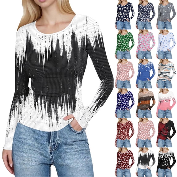 Neewe Womens Fashion Printing Crew Neck Long Sleeve Slim Fit Compression Underscrubs Tops Daily Outfits