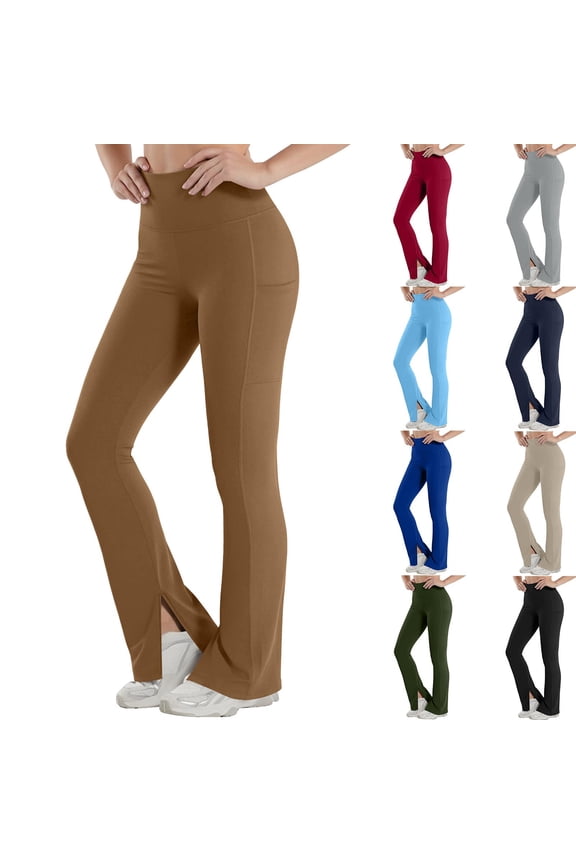 Womens Flared Yoga Pants Workout Out Pocket Leggings with Fleece Fitness Sports Running Yoga-Khaki L