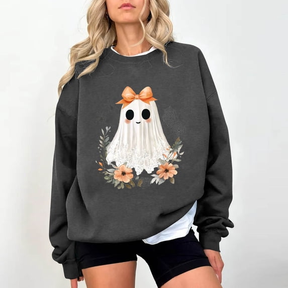 Neewe Womens Halloween Long Sleeve Sweatshirt Crew Neck Cute Printed Pullover Relaxed Fit Casual Tops