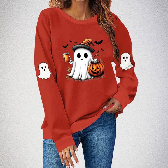 Neewe Womens Halloween Long Sleeve Sweatshirt Crew Neck Cute Printed Pullover Relaxed Fit Casual Tops