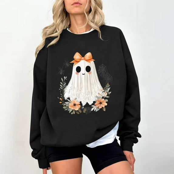 Neewe Womens Halloween Long Sleeve Sweatshirt Crew Neck Cute Printed Pullover Relaxed Fit Casual Tops