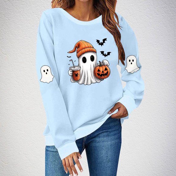 Neewe Womens Halloween Long Sleeve Sweatshirt Crew Neck Cute Printed Pullover Relaxed Fit Casual Tops