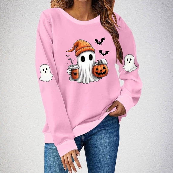 Neewe Womens Halloween Long Sleeve Sweatshirt Crew Neck Cute Printed Pullover Relaxed Fit Casual Tops