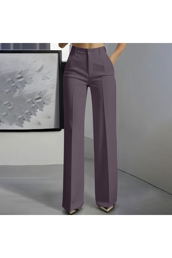 Womens High Waist Wide Straight Leg Trousers Casual Slacks Dress Button Waist Pants with Pockets