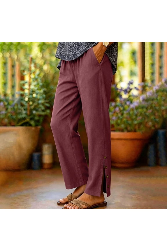 Womens High Waisted Ankle Wide Leg Stretchy Straight Trousers Split Hem Pants Trousers with Pockets