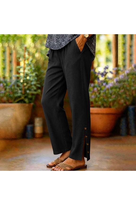Womens High Waisted Ankle Wide Leg Stretchy Straight Trousers Split Hem Pants Trousers with Pockets