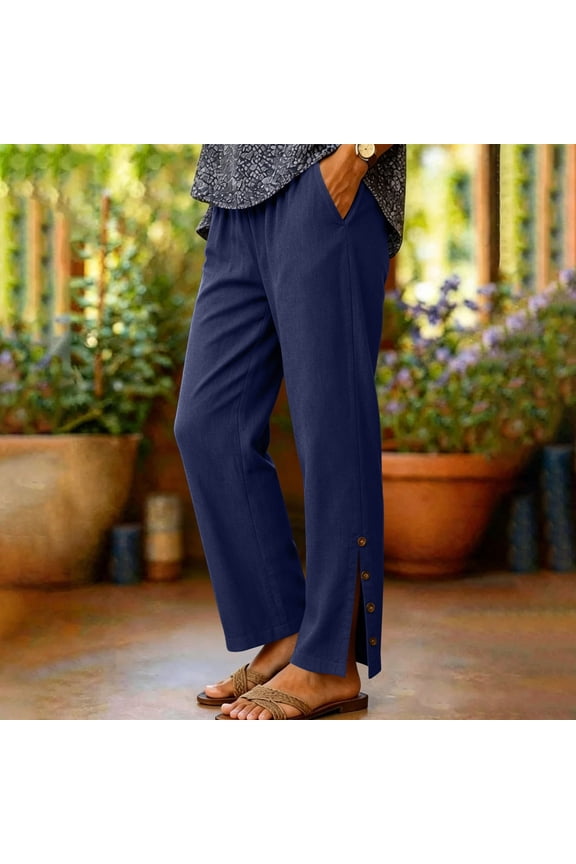 Womens High Waisted Ankle Wide Leg Stretchy Straight Trousers Split Hem Pants Trousers with Pockets