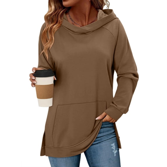 Neewe Womens Hoodies Casual Drawstring Pullover Tops Slit Hem Loose Hooded Sweatshirt with Pocket 2026