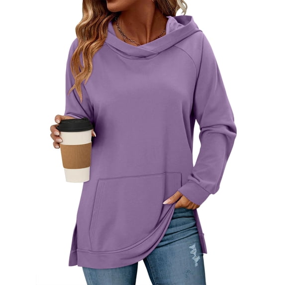 Neewe Womens Hoodies Casual Drawstring Pullover Tops Slit Hem Loose Hooded Sweatshirt with Pocket 2026
