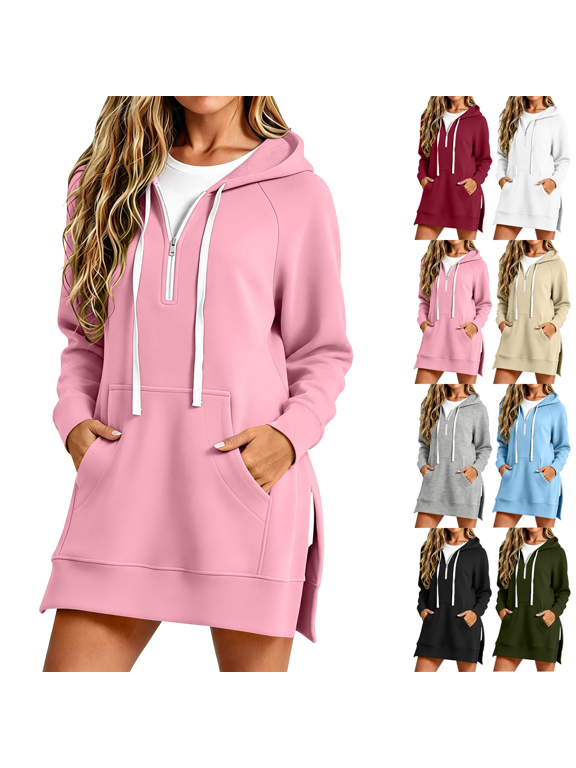 Womens Hoodies Dress Hooded Sweatshirts Dress Casual Long Sleeve Tunic Dress Oversized Sweatshirts with Pocket for Fall Winter