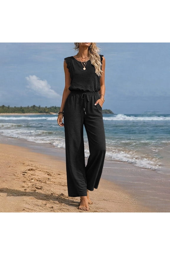Womens Jumpsuits Crewneck Lace Cap Sleeve Drawstring High Waist Wide Leg Casual Rompers with Pockets