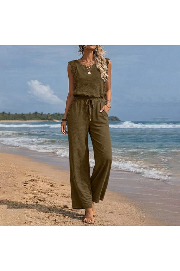 Womens Jumpsuits Crewneck Lace Cap Sleeve Drawstring High Waist Wide Leg Casual Rompers with Pockets