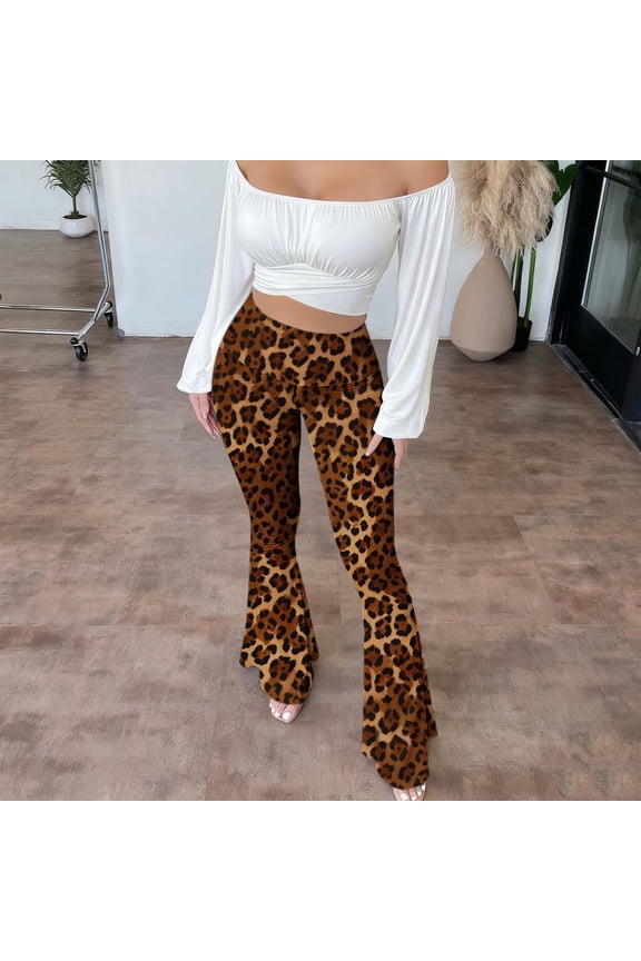 Womens Leopard & Snake Flare Animal Print Flared Bell Bottom Pants Wide Leg Pants