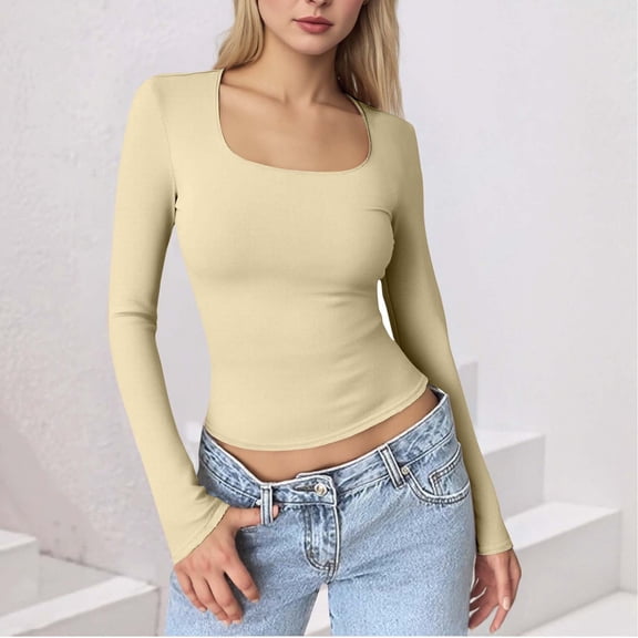 Neewe Womens Long Sleeve Shirts Plain Square Neck Casual Fall Fashion Ladie Tops Loose Fit Spring Basic Clothes Trendy