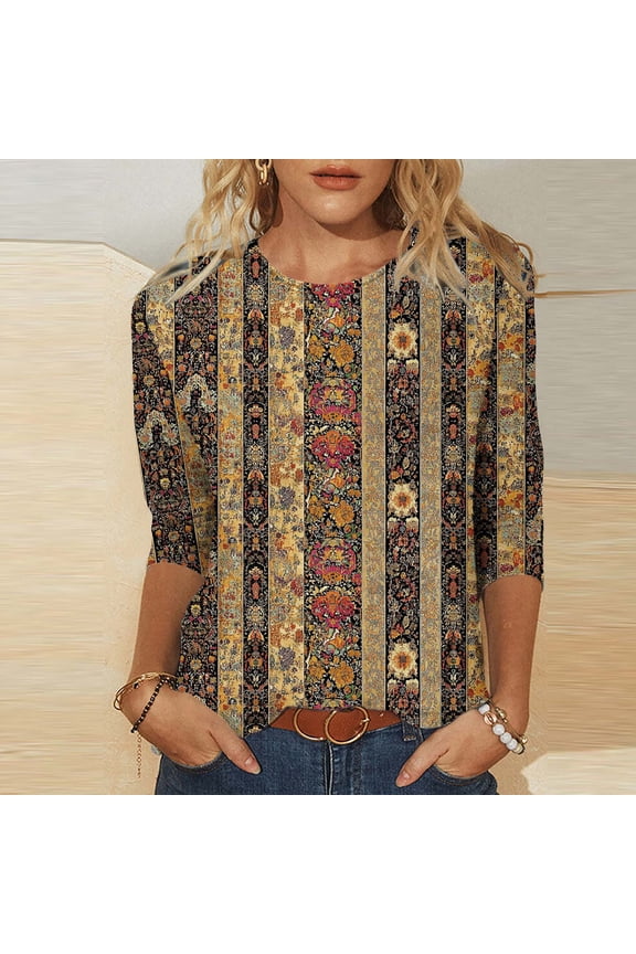 Womens Long Sleeve Tops Casual Shirts for Women Summer Flower Printed T Shirt Crewneck Tee