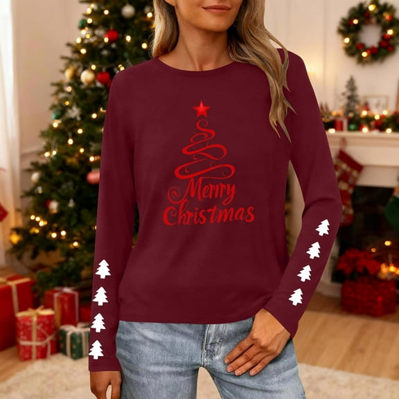 Neewe Womens Loose Long Sleeve T Shirts 2025 Basic Crewneck Tee Fall Tops Casual Workout Christmas Clothes