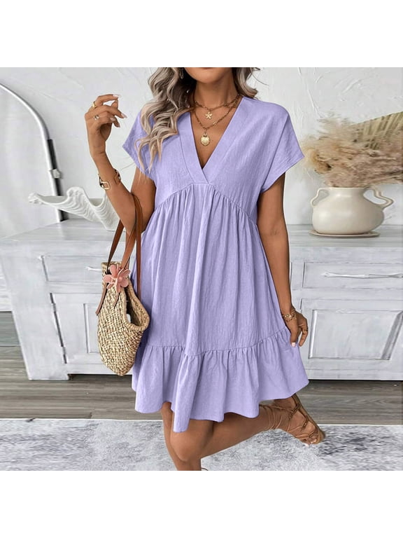 Womens Midi Dresses Casual Summer Twist Front Plain V Neck Short Sleeve Mini Dress, S-XXL