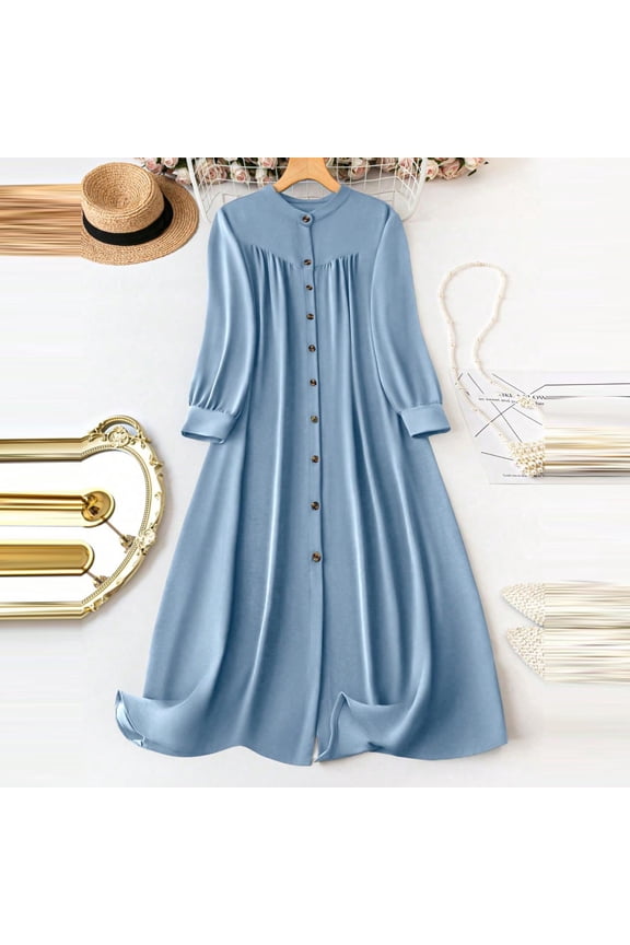 Womens Midi Dresses Summer Casual Loose Plus Size Dress Plain Scoop Neck Half Sleeve Button Down Shirt Knee Dresses 2026 Daily