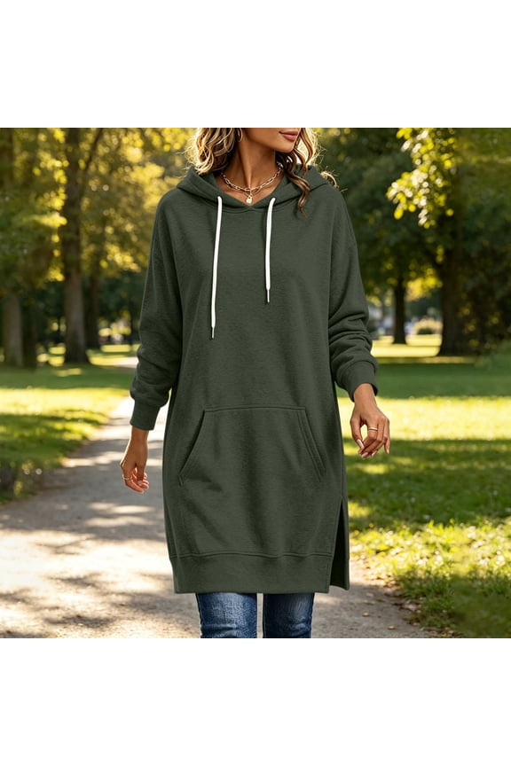 Womens Plain Oversized Hoodie Drawstring Extra Long Hooded Tunic Fall Sweatshirt with Pockets