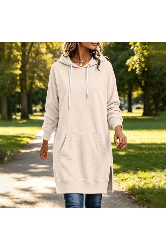 Womens Plain Oversized Hoodie Drawstring Extra Long Hooded Tunic Fall Sweatshirt with Pockets