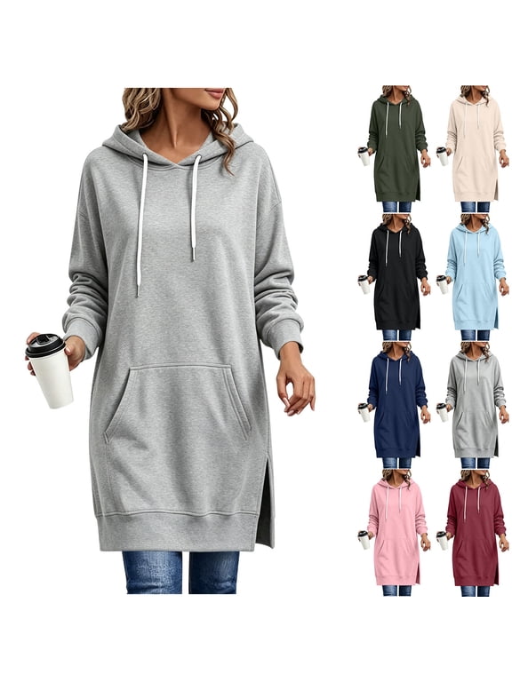 Womens Plain Oversized Hoodie Drawstring Extra Long Hooded Tunic Fall Sweatshirt with Pockets
