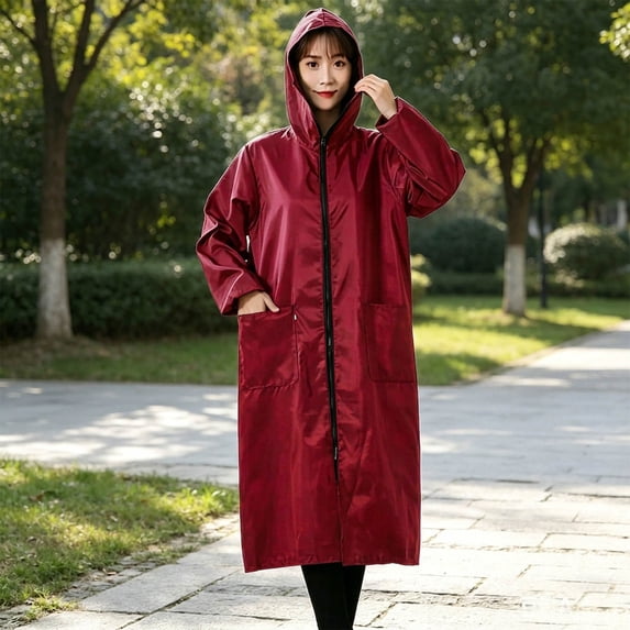Neewe Womens Plain Rain Poncho Stylish Polyester Waterproof Raincoat with Pocket Hood Zipper